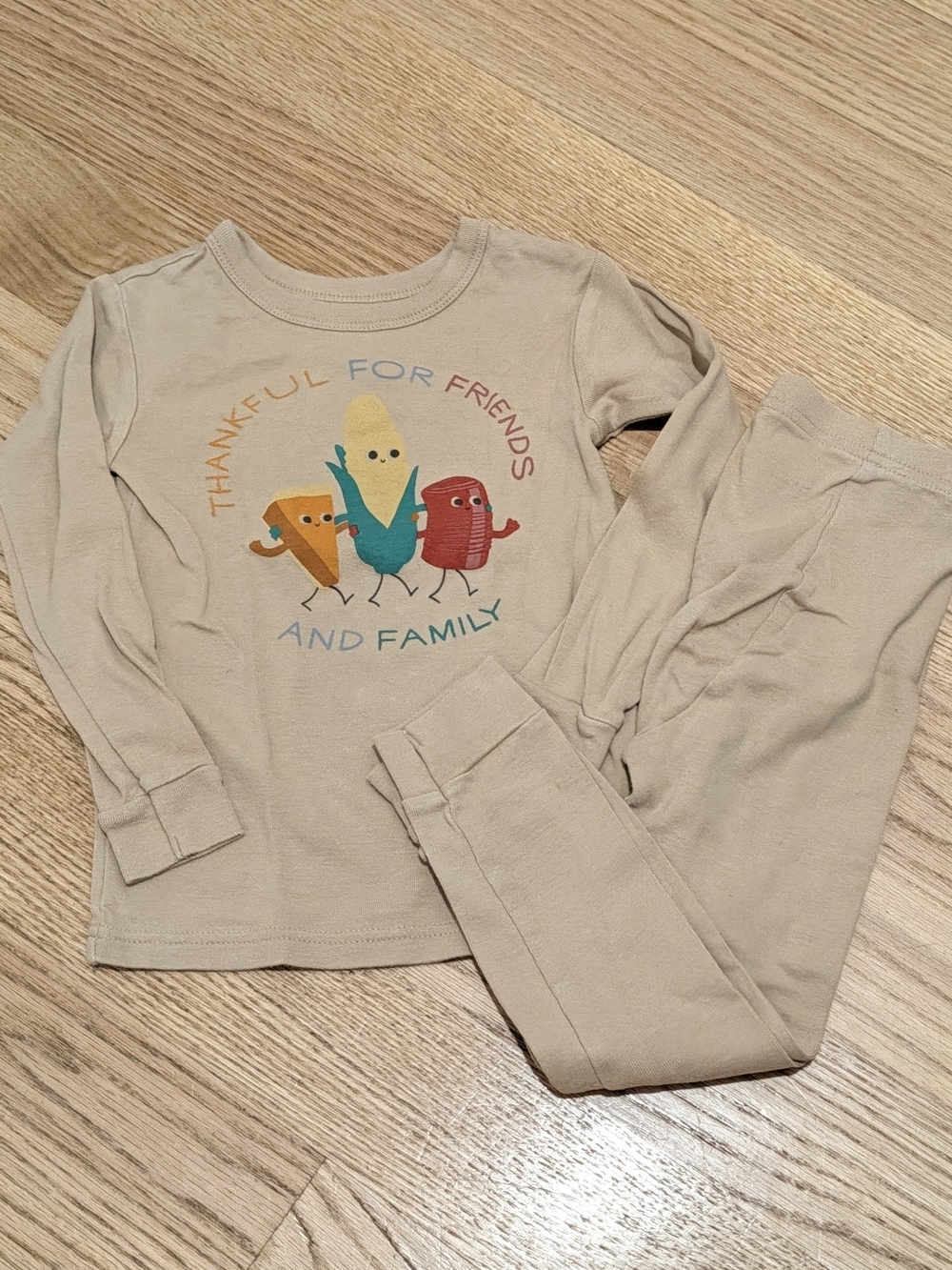 GAP Beige Thanksgiving Kids Pajama Set with Colorful Friends Graphic